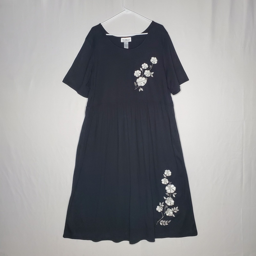 All American Comfort Midi Babydoll Dress 2X Black Knit White Embroidered Flower‎